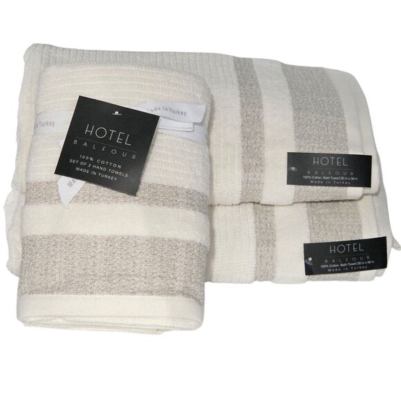 Hotel Balfour 4pc Cream And Taupe Turkish Cotton Towel Set 2 Bath 2 Hand - Picture 6 of 15